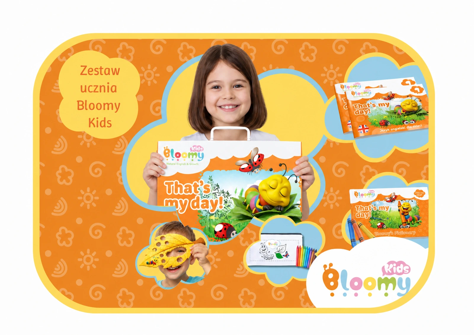Uśmiechnięta dziewczynka z teczką Bloomy Kids That's my day, otoczona książkami, kredkami i materiałami do nauki angielskiego
