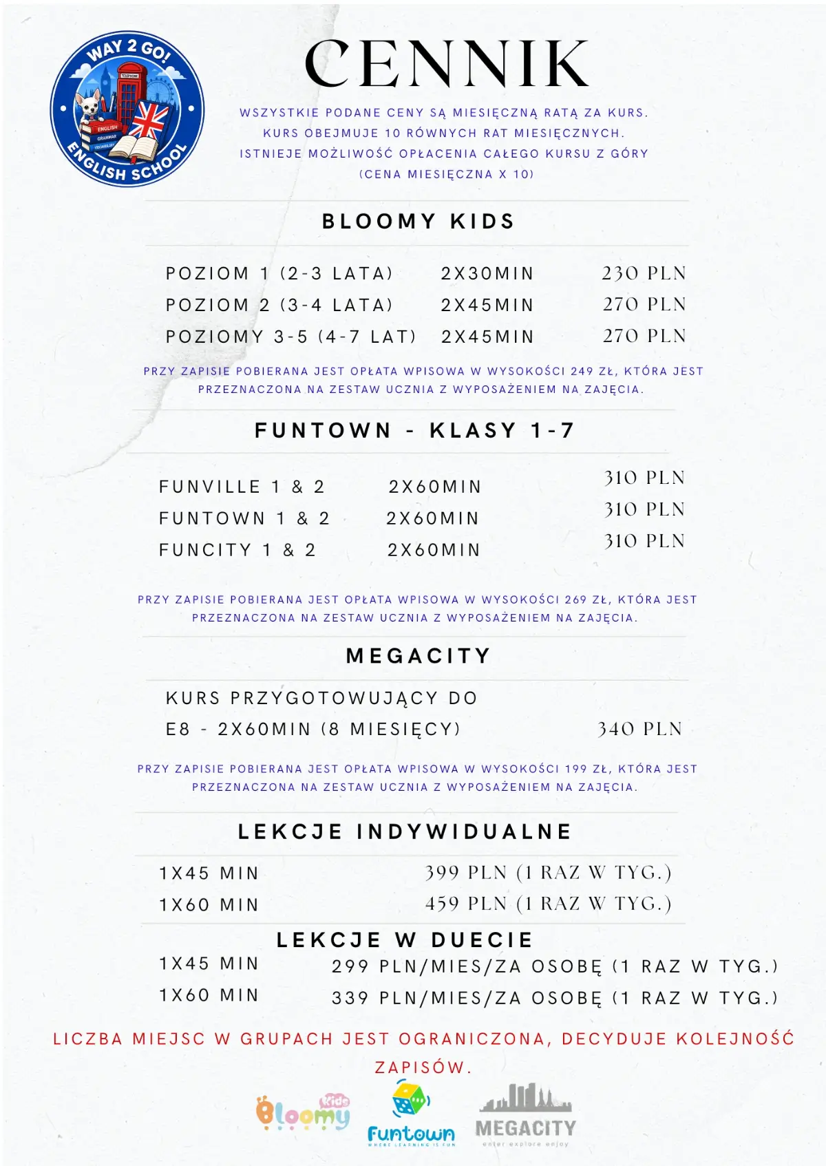 Cennik kursów angielskiego Way2Go w Łomiankach: Bloomy Kids, Funtown, Megacity, lekcje indywidualne i w duecie
